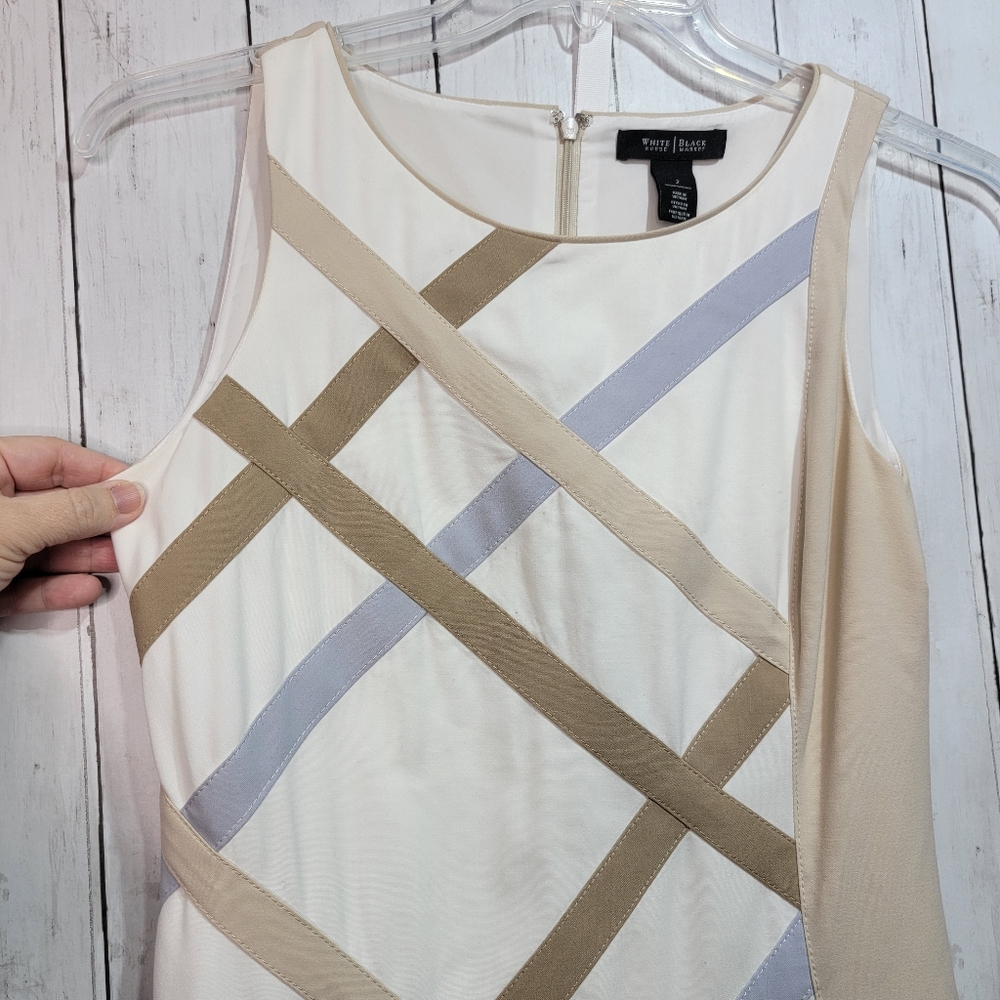 WHITE HOUSE BLACK MARKET WHBM Colorblock Sheath Dress Khaki White Size 2. - Picture 3 of 8